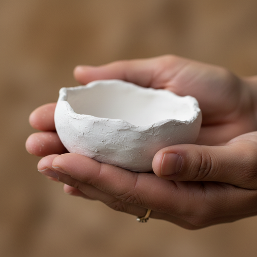 Plaster vessel held in two hands showing scale and handmade rim
