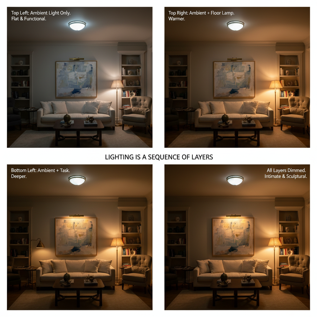 A room shown in four lighting configurations: ambient only, ambient and task, three layers, and all layers on dimmers