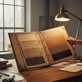 Linen and leather sample book open on designer's worktable in morning studio light