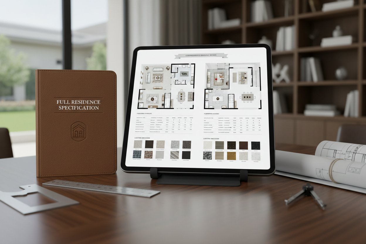 A digital design presentation on a large tablet showing living room and dining room floor plans with furniture schedules and material palettes