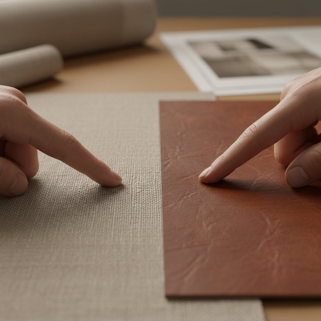 Hand running fingertips across linen and leather swatches side by side
