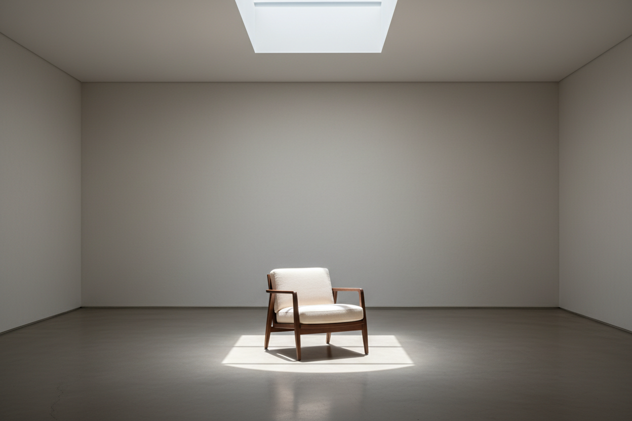A single Troscan Mari lounge chair under natural skylight in an empty gallery