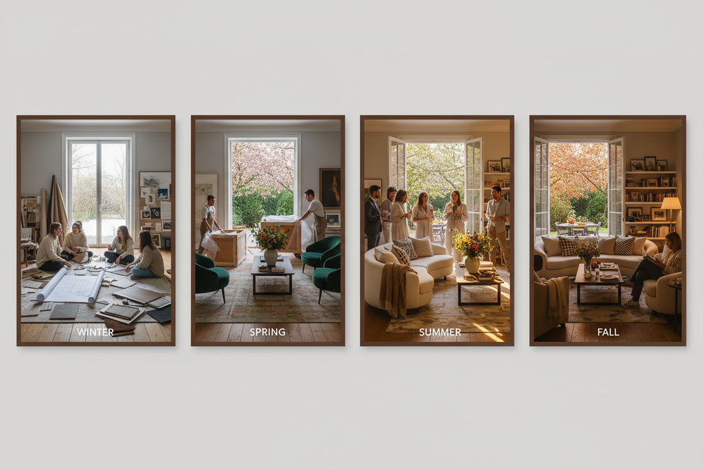 Four photographs in a horizontal line representing a year of design — winter samples, spring delivery, summer entertaining, fall matured room