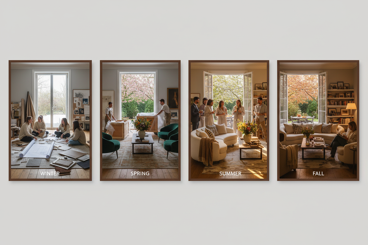 Four photographs in a horizontal line representing a year of design — winter samples, spring delivery, summer entertaining, fall matured room