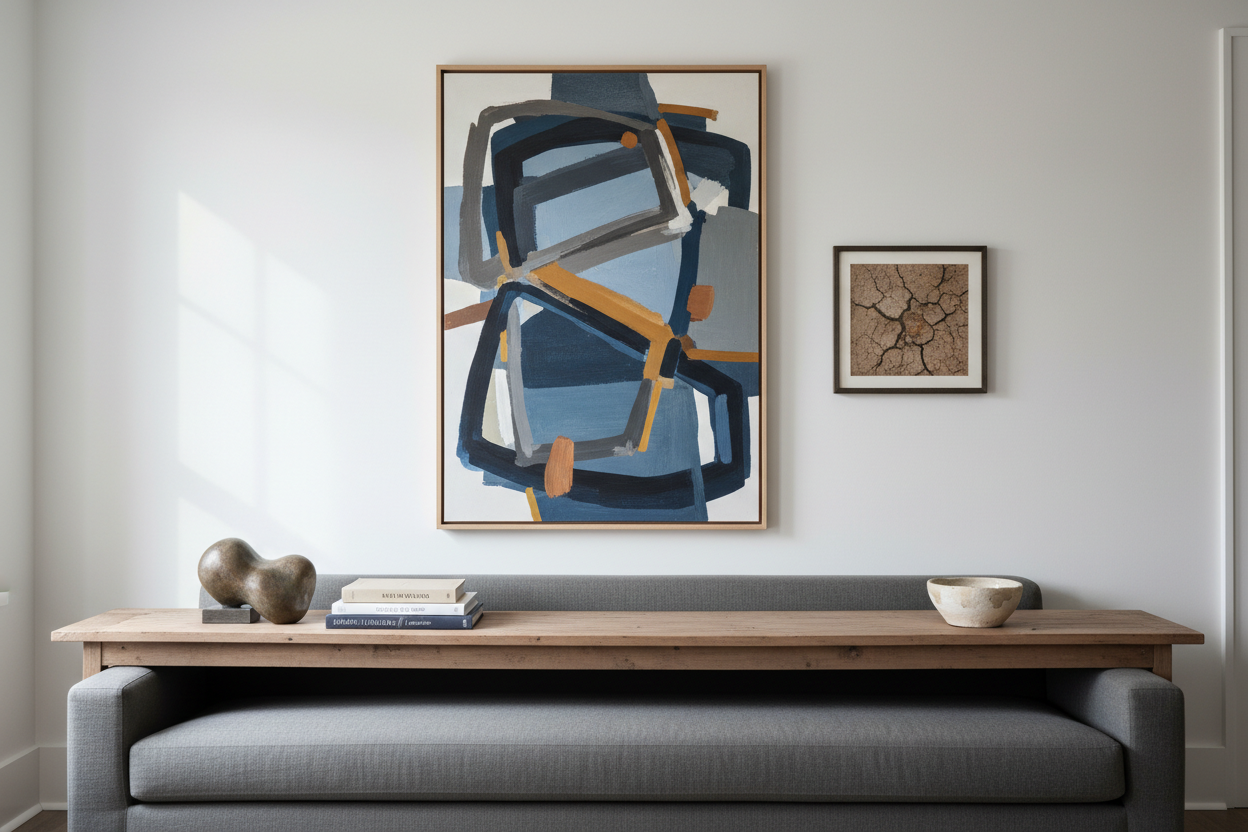 A finished room wall with art hung beautifully — large abstract canvas above sofa, smaller framed work to the right, console with sculpture below