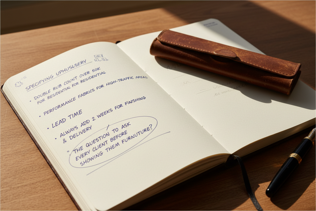 A notebook open to handwritten notes on specifying upholstery, lead times, and client questions