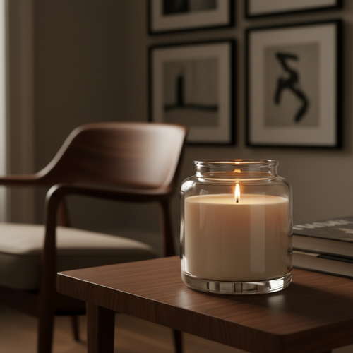 Lit Caste x De Sousa Hughes candle on dark oak side table with showroom in background