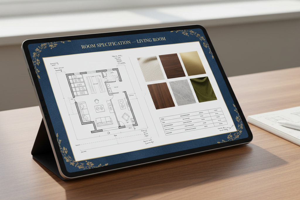 A digital design presentation open on a tablet showing a floor plan, material palette, and furniture schedule