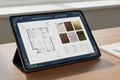 A digital design presentation open on a tablet showing a floor plan, material palette, and furniture schedule