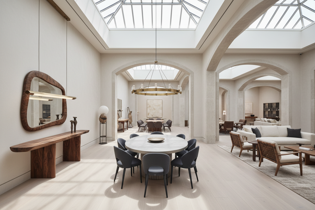 Wide shot of the De Sousa Hughes showroom galleries receding into the distance