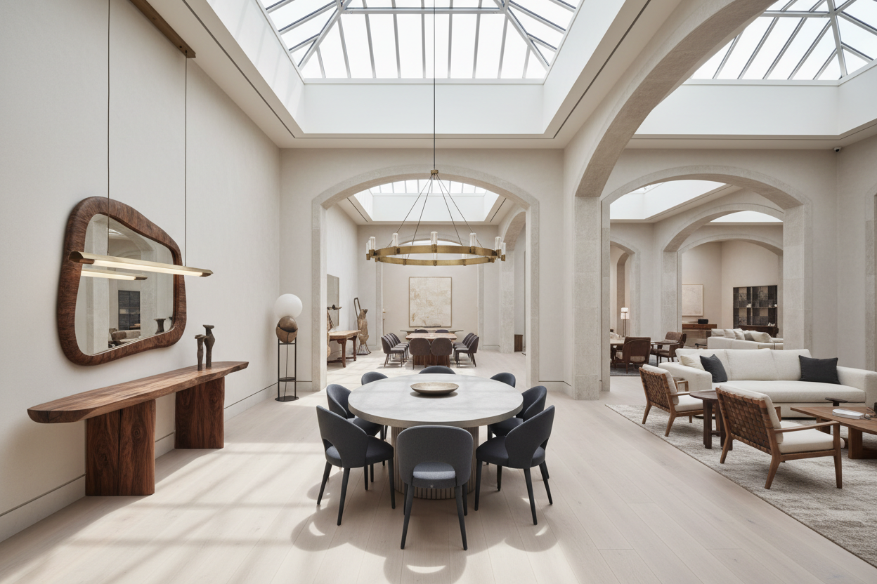 Wide shot of the De Sousa Hughes showroom galleries receding into the distance
