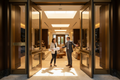 The De Sousa Hughes showroom entrance with galleries visible beyond, a client being welcomed by a designer