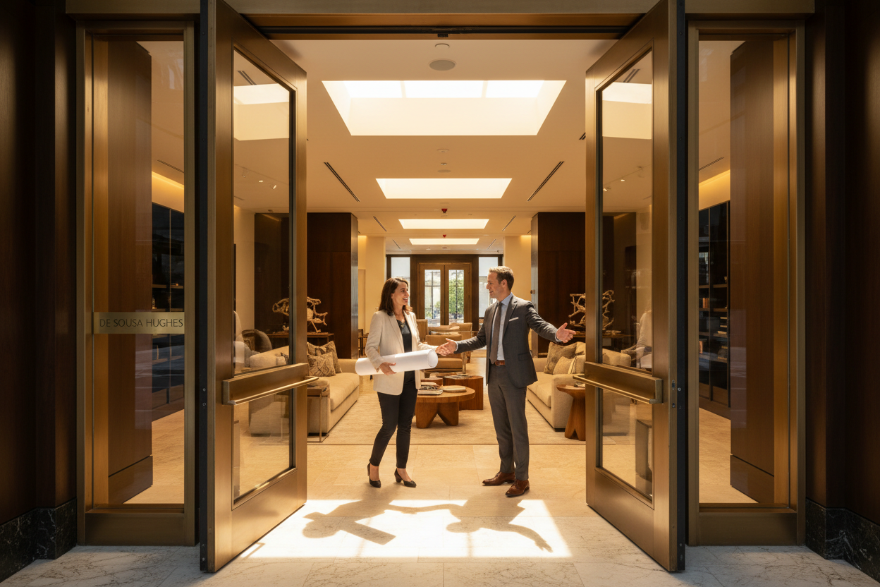 The De Sousa Hughes showroom entrance with galleries visible beyond, a client being welcomed by a designer