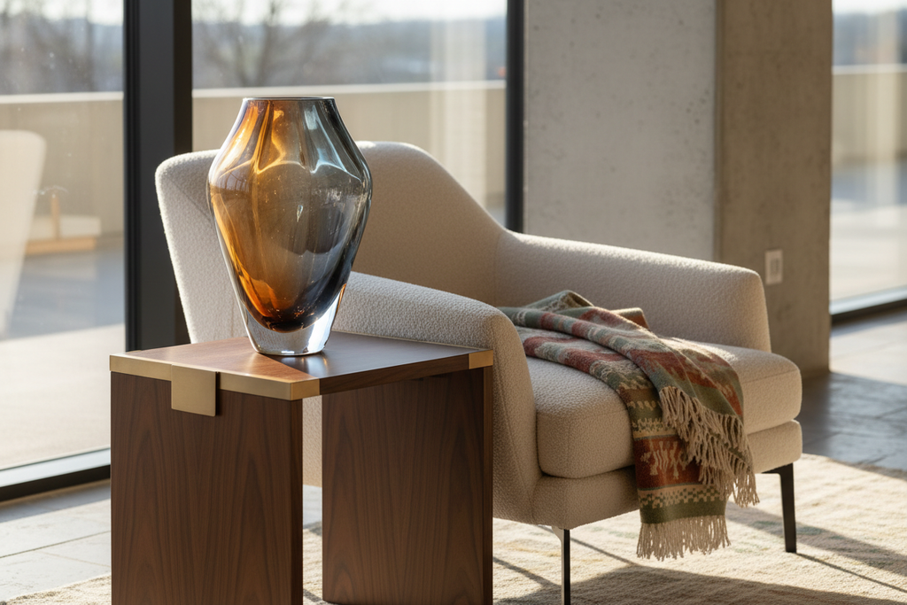 A curated vignette with a John Pomp blown-glass vessel, Troscan lounge chair, and draped textile