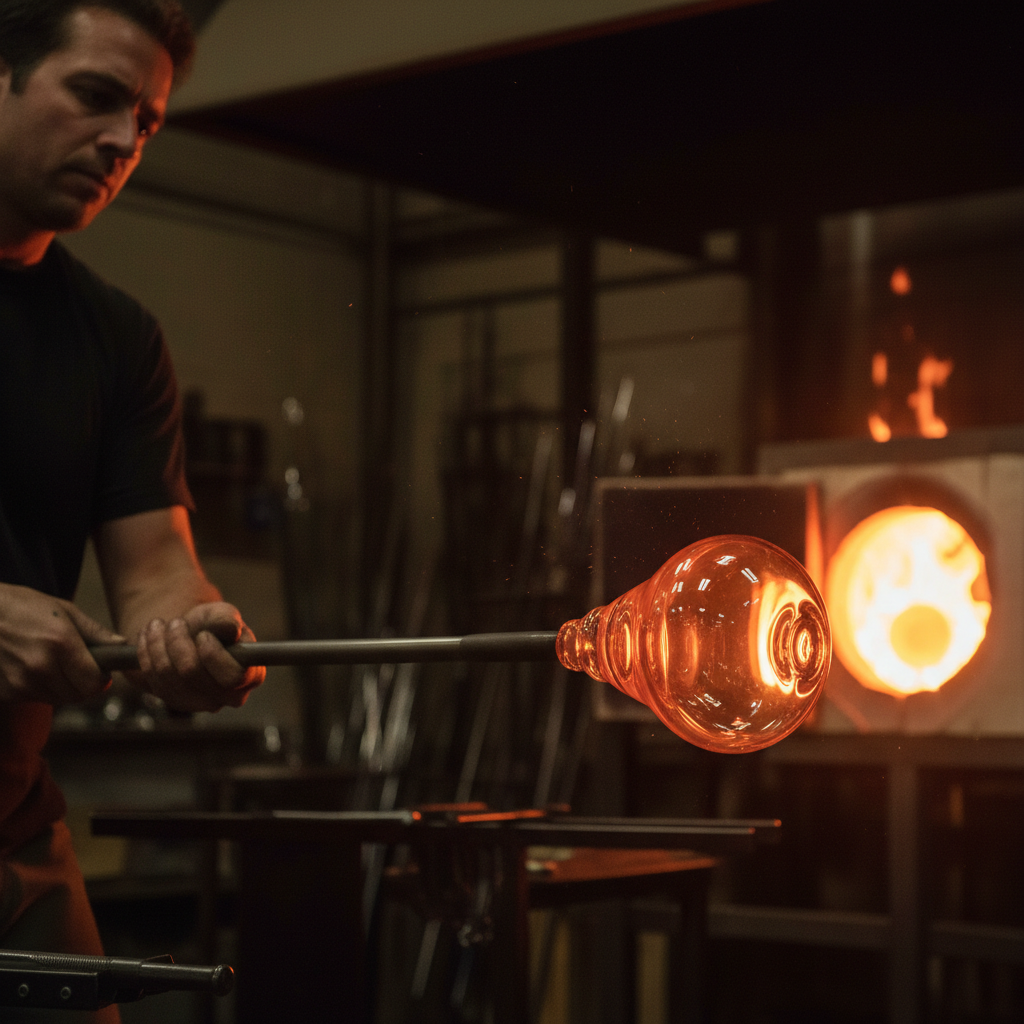 Close-up of a glassblower's hands with molten glass on a blowpipe, furnace glow behind