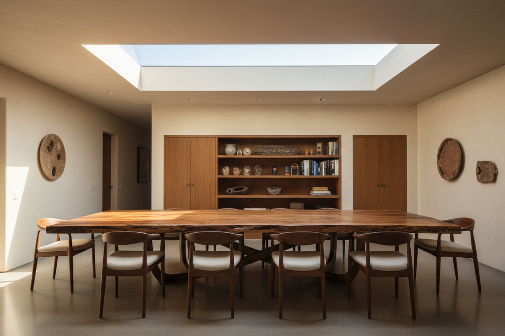A Caste dining table commanding the frame in a residential setting, geological wood surface