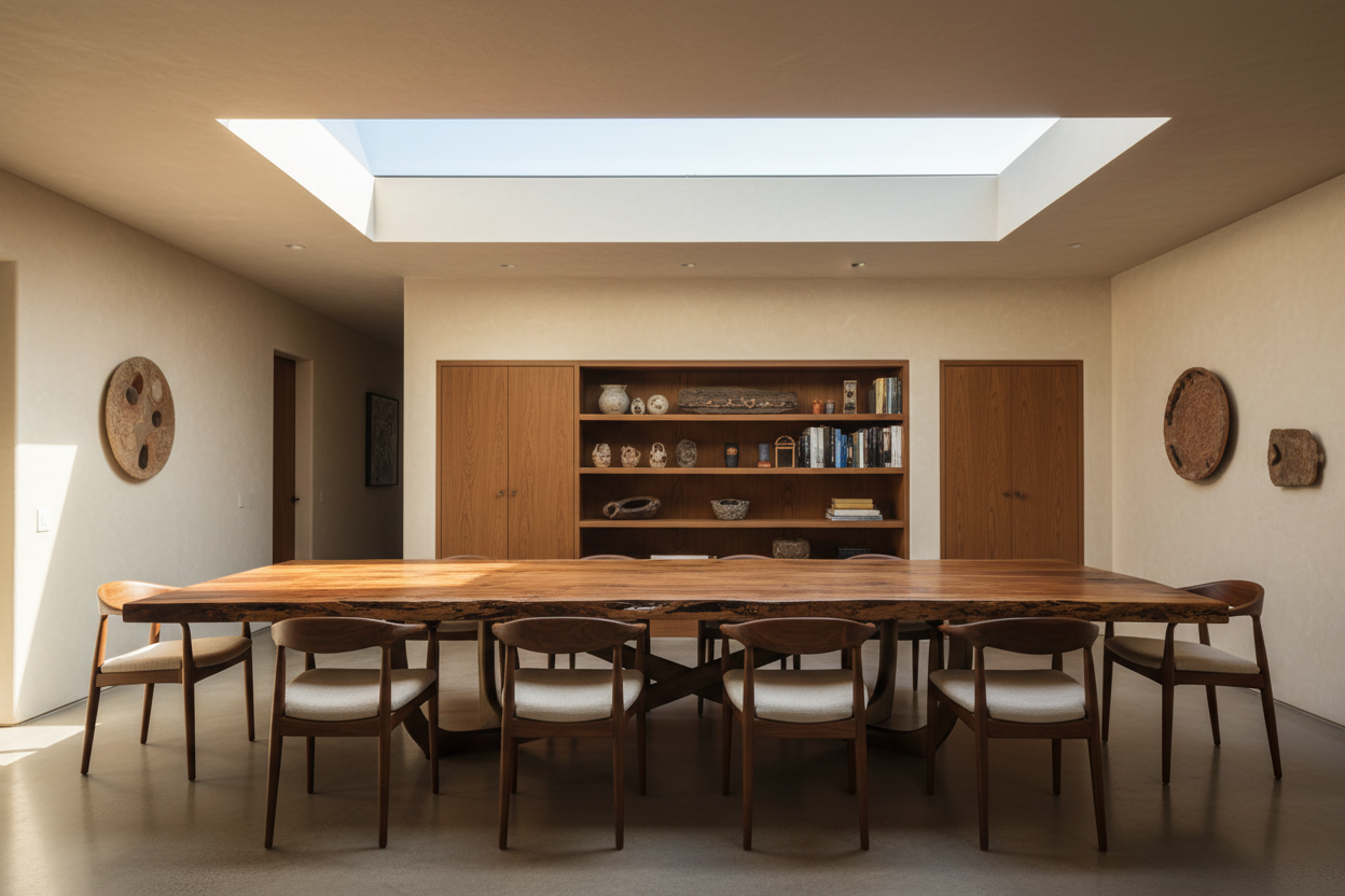 A Caste dining table commanding the frame in a residential setting, geological wood surface