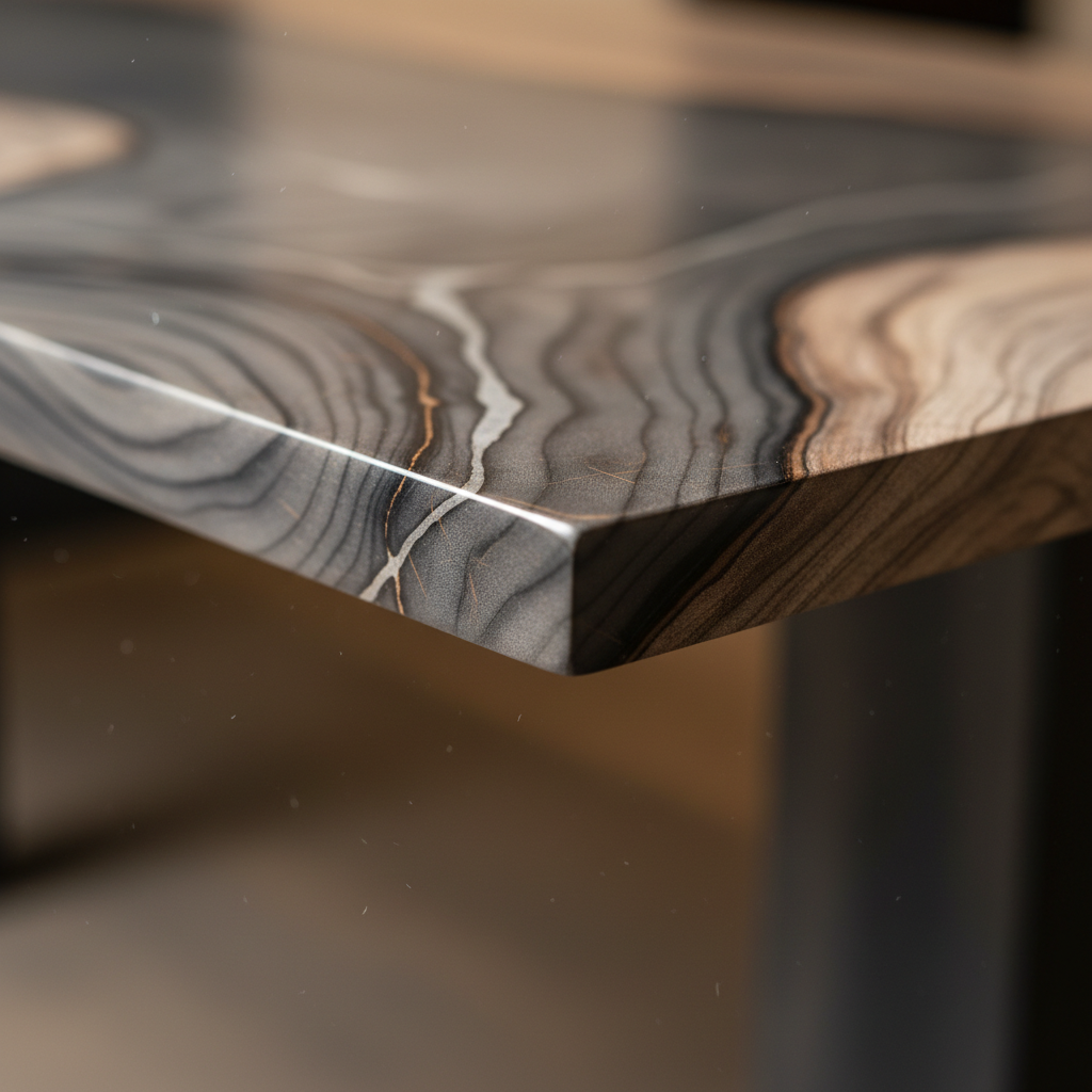 Close-up of a Caste console table edge showing the mineral-smooth wood finish