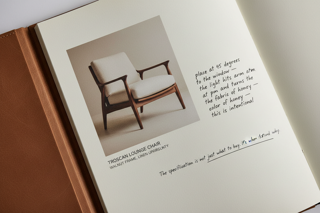 A specification page showing a Troscan lounge chair with placement annotation notes