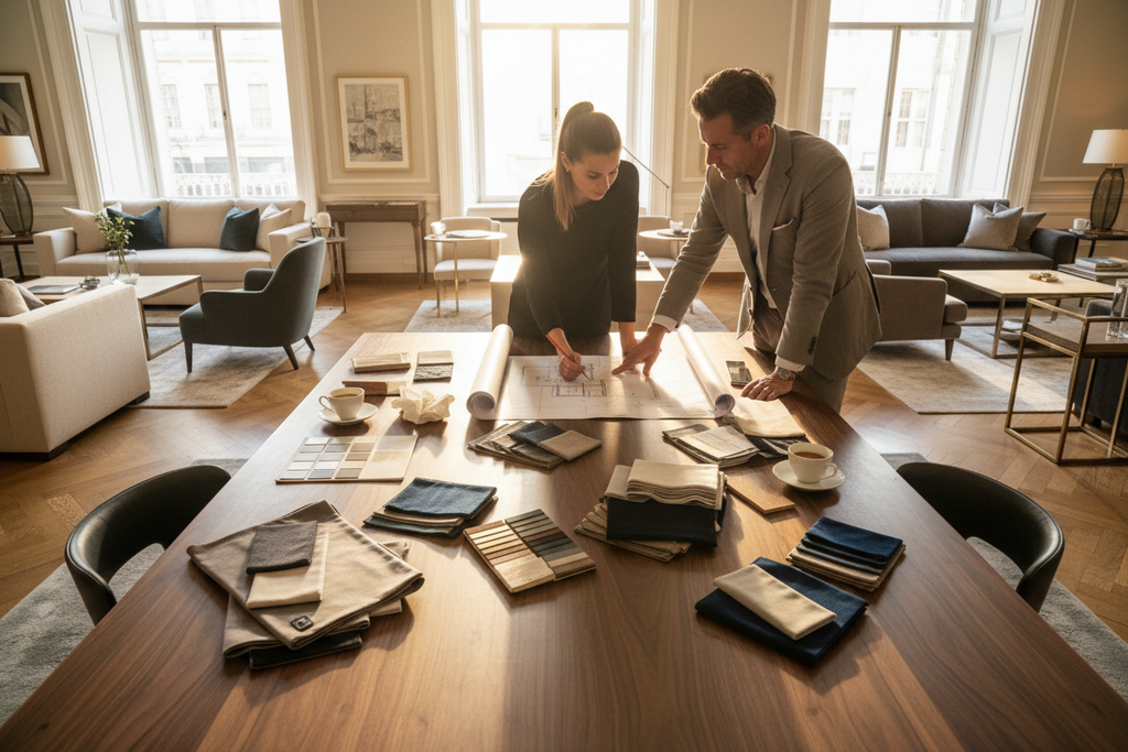 A worktable in the showroom with material samples, floor plans, a designer and client collaborating side by side