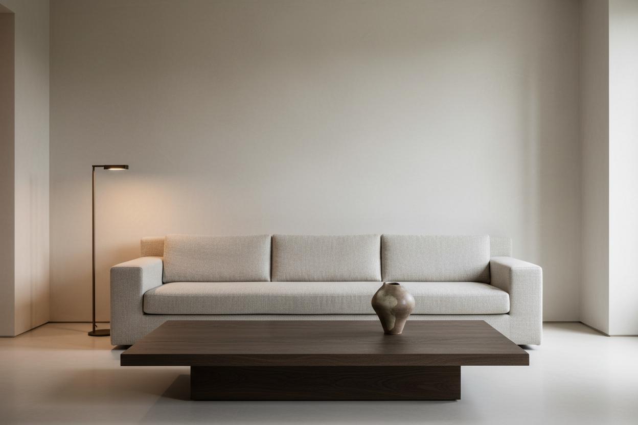 A Liaigre interior — a living room of extraordinary restraint with pale linen sofa, dark oak table, and bronze floor lamp