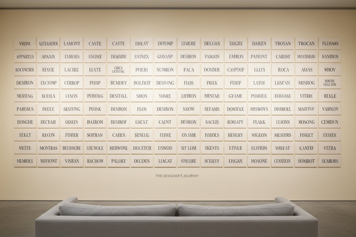 The De Sousa Hughes showroom designer wall with 50+ maker names arranged alphabetically in refined typography