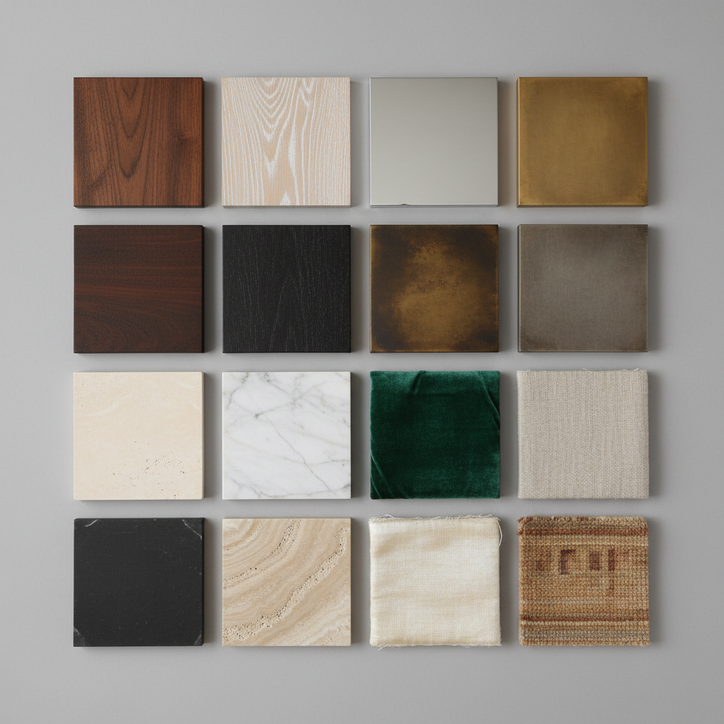 A grid of 16 finish samples: four woods, four metals, four stones, four textiles on a neutral grey background