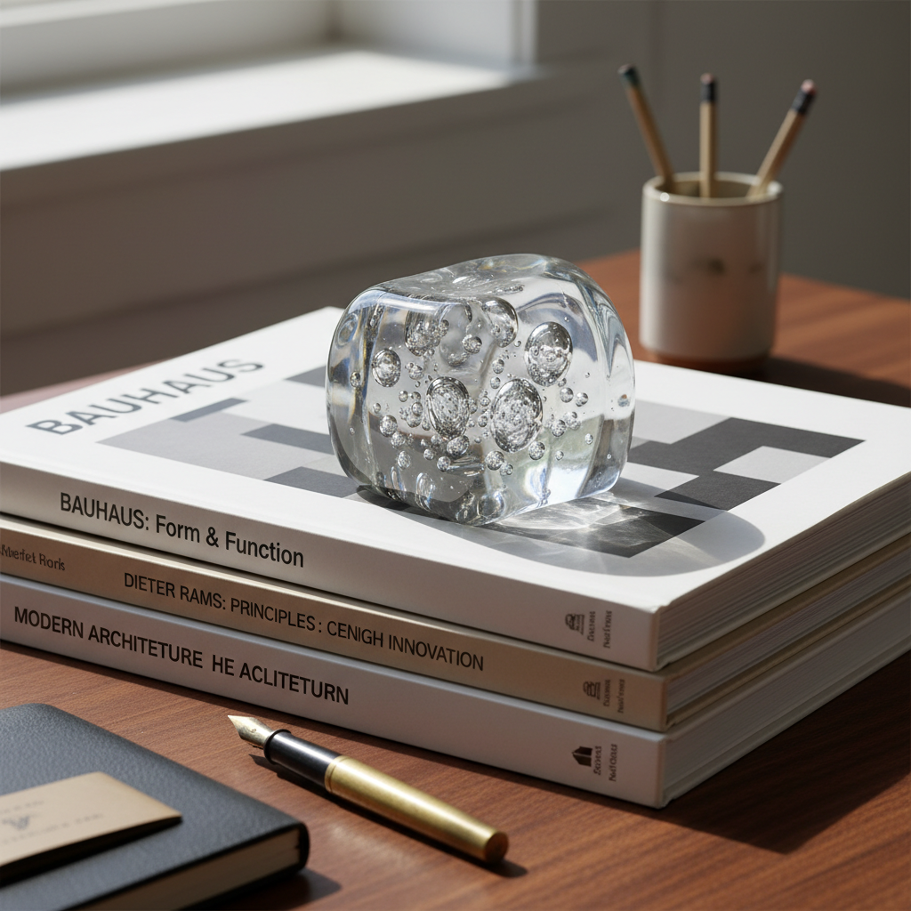Hand-blown glass paperweight with trapped bubbles on stack of design monographs
