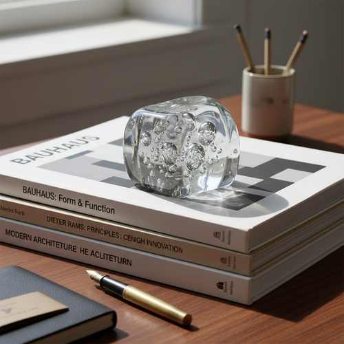 Hand-blown glass paperweight with trapped bubbles on stack of design monographs