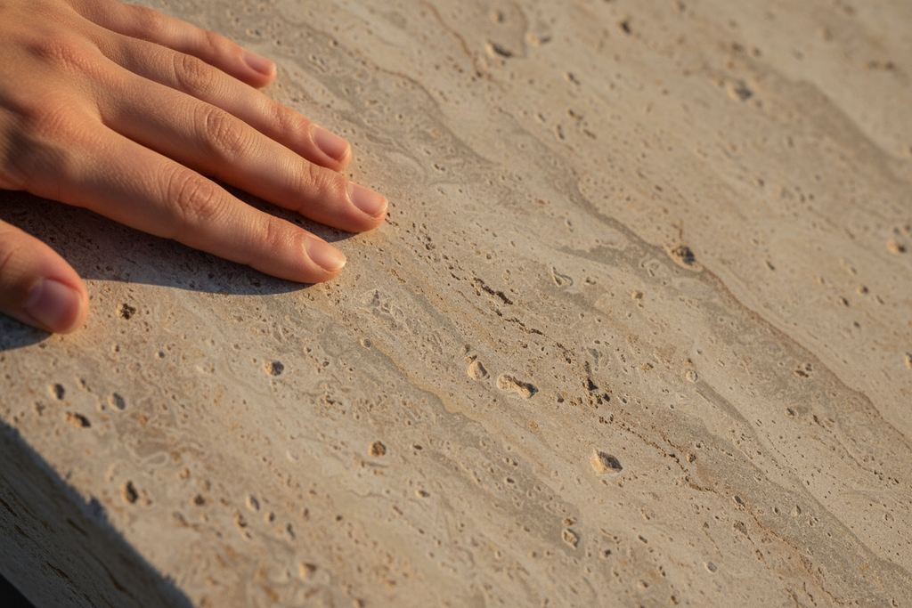 A hand resting on honed limestone, fingertips touching the matte surface, capturing tactility