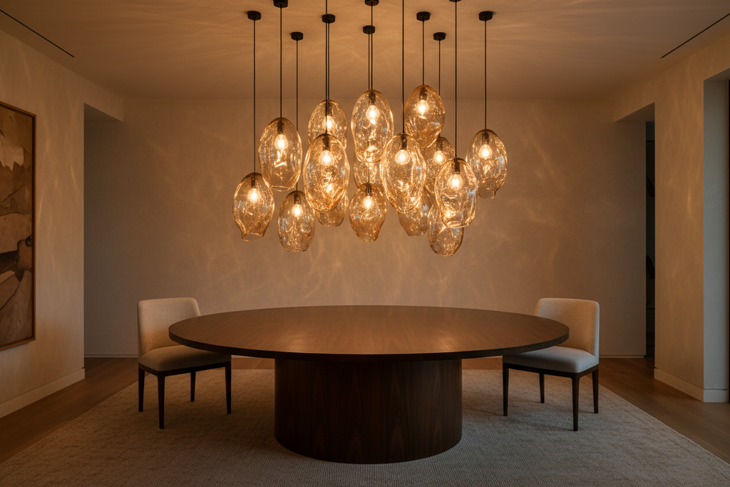 A cluster of John Pomp hand-blown glass pendants at varying heights over a dining table